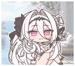 1girl :d ai-assisted ai-generated_background alternate_costume arbiter_the_empress_iii_(azur_lane) asymmetrical_footwear azur_lane black_hair black_shoes blurry blurry_background border braid branch breasts character_name cherry_blossoms chibi chibi_only cleavage commentary day fang flower futaba_(anti_clockwise) grey_hair hair_bun hair_intakes hair_ribbon hairband highres holding holding_flower large_breasts long_hair mismatched_footwear open_mouth outdoors pink_eyes pink_flower pool ribbon shoes sidelocks siren_(azur_lane) sitting skin_fang sleeveless smile solo sunlight swimsuit symbol-only_commentary thighs tree very_long_hair white_border white_hair white_shoes white_wrist_cuffs wrist_cuffs