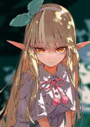 1girl :3 absurdres amana_(pocketkey) blonde_hair blue_bow bow breasts dark-skinned_female dark_elf dark_skin dress elf frilled_dress frills grey_dress hair_bow highres hololive hololive_fantasy long_hair looking_at_viewer medium_breasts multicolored_hair orange_eyes pointy_ears pom_pom_(clothes) shiranui_flare streaked_hair virtual_youtuber