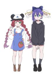 Rule 34 | 2girls, ;3, bare legs, black boots, black hoodie, black socks, boots, braid, brown boots, commentary, dalidari27, green eyes, hair between eyes, haraga kurumi, hat, hat with ears, highres, hood, hood down, hoodie, kimi no koto ga dai dai dai dai daisuki na 100-nin no kanojo, long hair, long sleeves, looking at viewer, multiple girls, one eye closed, purple hair, red hair, short hair, simple background, smile, socks, twin braids, v arms, very long hair, white background, yakuzen yaku