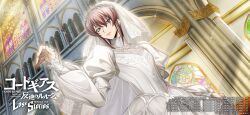 1boy androgynous blue_eyes bridal_veil bride brown_hair church code_geass code_geass:_lost_stories crossdressing dress flower highres kannon_maldini lipstick long_sleeves makeup official_art puffy_sleeves rose smile solo trap veil wedding wedding_dress white_dress white_flower white_rose