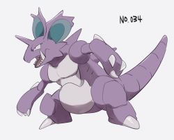 black_eyes claws creatures_(company) full_body game_freak gen_1_pokemon legs_apart morio_(poke_orio) nidoking nintendo no_humans open_mouth pokedex_number pokemon pokemon_(creature) pokemon_focus sharp_teeth simple_background solo standing teeth tongue white_background