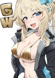 1girl :d absurdres bikini black_jacket blonde_hair blue_bow blue_eyes blush bow breasts cleavage commentary_request girls&#039;_frontline girls&#039;_frontline_2:_exilium gold_bikini hair_between_eyes hair_bow half-closed_eyes happy highres jacket kuzumotsu long_hair looking_at_viewer medium_breasts medium_hair midriff navel open_clothes open_jacket open_mouth side_ponytail smile solo swimsuit teeth upper_teeth_only vepley_(girls&#039;_frontline_2)