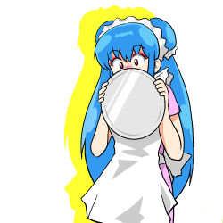 Rule 34 | 1girl, afterimage, apron, blue hair, double bun, embarrassed, frilled headwear, geru1234, hair bun, holding, holding tray, long hair, maid headdress, ranma 1/2, shampoo (ranma 1/2), solo, standing, tray, waitress, white apron, white headdress