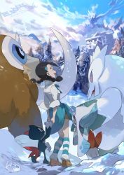 1girl abomasnow black_hair blue_sky branch candice_(pokemon) clothes_around_waist cloud cloudy_sky e_volution froslass gen_2_pokemon gen_4_pokemon gym_badge ice long_hair mamoswine miniskirt mountain multi-tied_hair nintendo pokemon pokemon_dppt shoes skirt sky sneasel snow socks sweater sweater_around_waist temple