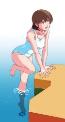 1girl absurdres arm_support barefoot collarbone highres looking_to_the_side one-piece_swimsuit open_mouth original short_hair solo standing standing_on_one_leg swimsuit toes wading water white_one-piece_swimsuit yukikaze_(isamiashi)