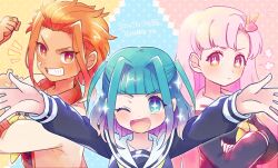 Rule 34 | 1boy, 2girls, bandage on face, bandages, blue eyes, blue hair, blush, bras d&#039;honneur, commission, crossed arms, eyelashes, grin, multiple girls, orange hair, original, outstretched arms, pink hair, rabbit in eyes, school uniform, smile, sparkle, sparkling eyes, translation request, tsunoji, twitter username