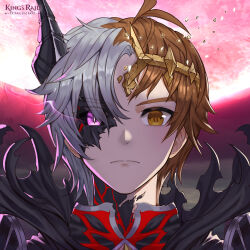 1boy armor artist_request black_armor black_horns broken_crown brown_eyes brown_hair commentary commentary_request copyright_logo corruption cropped_shoulders crown dark_lord_kasel_(king&#039;s_raid) dark_persona english_commentary frown grey_hair heterochromia horns kasel_(king&#039;s_raid) king&#039;s_raid korean_commentary looking_at_viewer mixed-language_commentary moon official_art purple_eyes red_moon second-party_source single_horn solo