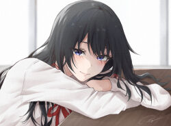 1girl black_hair blue_eyes closed_mouth elbow_rest hair_ribbon leaning_forward light_(lightpicture33) long_hair long_sleeves looking_at_viewer neck_ribbon red_ribbon ribbon school_uniform shirt signature sobu_high_school_uniform solo table upper_body white_shirt window winter_uniform yahari_ore_no_seishun_lovecome_wa_machigatteiru. yukinoshita_yukino