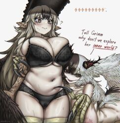2girls ? absurdres artist_name belly bird_girl black_bra black_panties black_souls black_wings blush bra breasts brown_eyes brown_hair brown_wings cameltoe candle commentary completely_nude debuffs_only dodo_(black_souls) english_commentary english_text head_wings heterochromia highres jubjub_(black_souls) large_breasts light_frown lingerie long_hair looking_at_viewer monster_girl multiple_girls naughty_face navel nipples nude panties plump poking_belly pussy_juice sharp_teeth sweat talons teeth twitter_username underwear white_background white_wings wings