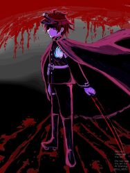 1boy ahoge black_background black_cloak black_pants black_skirt blood blue_eyes cloak closed_mouth gloves gradient_background grey_background holding holding_sword holding_weapon last_defense_academy_school_uniform long_sleeves looking_at_viewer male_focus messy_hair multicolored_eyes pants red_eyes red_hair skirt solo solo_focus standing sumino_takumi sword the_hundred_line_-last_defense_academy- weapon white_gloves