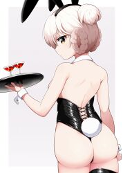 1girl animal_ears ass azur_lane back black_leotard black_thighhighs blonde_hair braid braided_hair_rings cocktail_glass commentary_request cowboy_shot cup drinking_glass fake_animal_ears fake_tail from_behind hair_bun hair_rings highres holding holding_tray kado_(hametunoasioto) leotard looking_at_viewer looking_back playboy_bunny sheffield_(azur_lane) sideways_glance solo tail thighhighs tray wrist_cuffs yellow_eyes