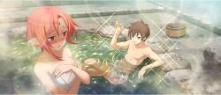 Rule 34 | 1boy, 1girl, armpit crease, blush, breasts, brown hair, bucket, collarbone, furrowed brow, game cg, green eyes, hand up, highres, kono subarashii sekai ni shukufuku wo!, konosuba! fantastic days, large breasts, looking at another, naked towel, navel, official art, onsen, outdoors, partially submerged, pink hair, pointy ears, red eyes, ripples, satou kazuma, shaded face, short hair, sidelocks, sitting, sparkle, steam, towel, water, wet, wolbach, wooden bucket