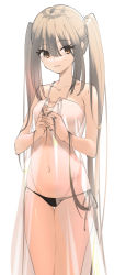 1girl bikini black_bikini breasts brown_eyes closed_mouth deatheach eyelashes grey_hair hair_between_eyes highres long_hair original see-through_clothes side-tie_bikini_bottom sidelocks simple_background sketch small_breasts solo swimsuit twintails very_long_hair white_background