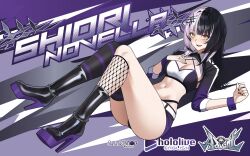 1girl alternate_costume artist_logo artist_name black_boots black_hair black_nails black_thighhighs boots breasts character_name cleavage copyright_name crop_top high_heel_boots high_heels highres hololive hololive_english jewelry large_breasts logo long_hair looking_at_viewer multicolored_hair navel open_mouth purple_shorts race_queen ring second-party_source shiori_novella short_shorts shorts single_thighhigh solo split-color_hair striped_clothes striped_thighhighs summershop_itasha thighhighs two-tone_hair virtual_youtuber white_hair wrist_cuffs yellow_eyes