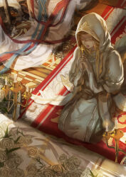 Rule 34 | 1girl, blonde hair, braid, candlestand, casket, cross, crucifix, flower, funeral, highres, nun, original, praying, robe, rose, shousan catalyst, solo, white flower, white robe, white rose