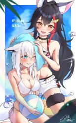Rule 34 | 2girls, absurdres, animal ear fluff, animal ears, ball, bare arms, bare shoulders, beachball, bikini, bikini under shorts, black hair, blue eyes, blue sky, blush, braid, character name, collarbone, feet out of frame, fox ears, fox girl, frilled thigh strap, hair between eyes, highres, holding, holding ball, holding beachball, hololive, kyoka citrus, long hair, looking at another, multicolored hair, multiple girls, one eye closed, ookami mio, ookami mio (hololive summer 2019), open mouth, orange eyes, red hair, shirakami fubuki, short shorts, shorts, side-tie bikini bottom, side braid, sky, smile, stomach, swimsuit, teeth, thigh strap, towel, very long hair, wet, white bikini, white hair, white shorts, wolf ears, wolf girl