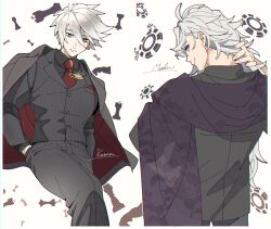 2boys black_pants buttons character_name chess_piece fate/grand_order fate_(series) green_eyes grey_eyes grey_jacket hair_between_eyes hands_in_pockets jacket karna_(fate) king_(chess) knight_(chess) looking_at_viewer looking_back lunapont male_focus merlin_(fate) multiple_boys nape necktie pants poker_chip queen_(chess) red_necktie rook_(chess) white_background
