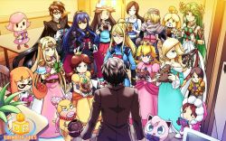 1boy 6+girls amamiya_ren amulet androgynous animal_crossing aqua_shirt armlet bayonetta bayonetta_(series) bayonetta_2 black_hair blonde_hair blue_bodysuit blue_eyes bodysuit box breasts brown_eyes brown_hair chocolate coinboxtees commentary crown dog_girl dress earrings english_commentary fire_emblem fire_emblem_awakening food forehead_jewel gen_1_pokemon gift gift_box glasses gloves gown green_eyes hat high_heels holding holding_chocolate holding_food holding_gift holding_poke_ball ice_climber inkling inkling_girl inkling_player_character isabelle_(animal_crossing) jewelry jigglypuff kid_icarus kid_icarus_uprising laurel_crown leaf_(pokemon) long_hair lucina_(fire_emblem) luma_(mario) mario_(series) mask metroid mii_(nintendo) mii_gunner mole mole_under_mouth multiple_girls nana_(ice_climber) nintendo palutena pants pendant persona persona_5 plaid_clothes plaid_pants pointy_ears poke_ball poke_ball_(basic) pokemon pokemon_(creature) pokemon_frlg porkpie_hat princess_daisy princess_peach princess_zelda ribbon rosalina samus_aran sandals school_uniform sheik shirt shuujin_academy_school_uniform side_slit single_thighhigh splatoon_(series) splatoon_1 strapless strapless_dress super_mario_galaxy super_smash_bros. super_soaker tentacle_hair the_legend_of_zelda the_legend_of_zelda:_a_link_between_worlds the_legend_of_zelda:_ocarina_of_time thighhighs tiara topknot triforce valentine vambraces villager_(animal_crossing) wendy_o._koopa white_legwear wii_fit wii_fit_trainer wii_fit_trainer_(female) witch zero_suit