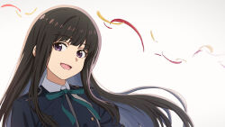 Rule 34 | 1girl, asada7101, black hair, blue jacket, blue ribbon, collared shirt, grey background, happy, head tilt, highres, inoue takina, jacket, long hair, looking to the side, lycoris recoil, lycoris uniform, open mouth, petals, purple eyes, ribbon, shirt, solo, thumbnail collage, vignetting