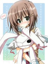 1girl =_hair_ornament akatsuki_(ggsy7885) blue_background blush border brown_hair closed_mouth dot_mouth dot_nose embarrassed gradient_background green_background green_eyes hair_ornament hairclip highres holding holding_stuffed_toy hugging_object jacket looking_at_viewer mamiya_hasaki necktie open_clothes open_jacket red_necktie school_uniform shirt short_hair sidelocks simple_background solo spoken_blush stuffed_animal stuffed_rabbit stuffed_toy subarashiki_hibi upper_body watermark white_border white_shirt yellow_jacket