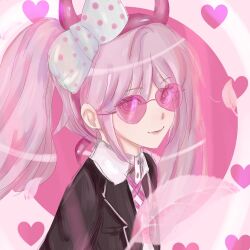 1girl akiocream black_jacket bow child closed_mouth danganronpa_(series) danganronpa_another_episode:_ultra_despair_girls fake_horns feathers female_focus hairband headband heart horned_headwear horns jacket looking_at_viewer multicolored_background neck_ribbon pink_background pink_eyes pink_feathers pink_glasses pink_hair pink_hairband pink_headband pink_headwear pink_heart pink_horns pink_lips pink_ribbon pink_sunglasses polka_dot polka_dot_bow ribbon simple_background smile solo sunglasses twintails upper_body utsugi_kotoko white_background white_bow