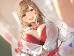 1girl :d apron blush bow bowtie bra breasts brown_eyes brown_hair bursting_breasts ceiling chalkboard classroom cleavage collared_shirt commentary_request dress_shirt highres inushima lace lace-trimmed_bra lace_trim large_breasts long_hair long_sleeves open_mouth original pov red_bow red_bowtie red_bra shirt sidelocks smile solo strap_slip teeth underwear upper_body upper_teeth_only white_shirt