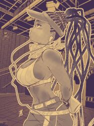 1girl arms_behind_back breasts crop_top dark-skinned_female dark_skin dreadlocks earbuds earphones from_side highres hiroshi_mono kimberly_jackson large_breasts listening_to_music monochrome o3o official_alternate_costume official_alternate_hairstyle scarf sideboob sleeveless solo spray_can street_fighter street_fighter_6 visor_cap
