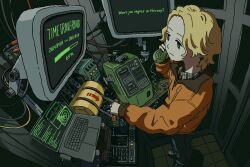 1girl alleyropolis androgynous arms_up arrow_(symbol) blonde_hair blue_pants blue_shirt brown_jacket brown_sleeve_cuffs brown_trim cable closed_mouth collared_jacket collared_shirt commentary_request computer computer_keyboard corded_phone delorean denim earrings english_text engrish_text expressionless fisheye flat_chest from_above from_side full_body green_eyes half-closed_eyes holding holding_phone indoors jacket jeans jewelry laptop leather leather_jacket lever long_sleeves looking_at_screen medium_hair mixing_console monitor multiple_monitors orange_jacket original pants parted_bangs parted_hair payphone phone phone_booth plaid_clothes plaid_shirt progress_bar puffy_long_sleeves puffy_sleeves radar ranguage science_fiction shadow shirt shoes sidelocks solo standing thick_eyelashes tile_floor tiles time_machine time_travel timestamp toy_car two-sided_fabric two-sided_jacket two-tone_shirt untucked_shirt waveform wavy_hair white_shoes white_sneakers window wing_collar yellow_shirt