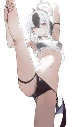 1girl absurdres arm_strap bikini black_bikini black_choker black_hair black_nails blue_archive breasts choker drive_shot halo highres horns jewelry kayoko_(blue_archive) looking_at_viewer low_wings multicolored_hair navel red_eyes ring see-through_clothes see-through_shirt shirt simple_background single_wing small_breasts solo split standing standing_on_one_leg standing_split swimsuit two-tone_hair white_background white_hair wings