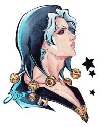 Rule 34 | 1boy, black hood, black sclera, collarbone, colored sclera, commentary, cropped shoulders, english commentary, from side, grey hair, jojo no kimyou na bouken, male focus, portrait, profile, red eyes, risotto nero, si3art, signature, solo, star (symbol), vento aureo, white background