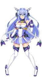 1girl armlet blue_boots blue_dress blue_eyes blue_hair boots breasts cleavage cleavage_cutout clothing_cutout covered_navel dress elbow_gloves exs-tia full_body gem gloves hair_intakes headgear highres jewelry katsuragi_marina kouyoku_senki_exs-tia large_breasts legs_apart long_hair looking_at_viewer magical_girl pleated_skirt simple_background skirt solo standing straight_hair tenpurarara thigh_boots thighhighs white_background white_dress white_gloves zettai_ryouiki