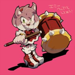 1girl :d amy_rose aoki_(fumomo) body_fur boots claws dress fangs full_body furry furry_female green_eyes hairband hammer high_heel_boots high_heels holding holding_hammer open_mouth pink_background red_dress red_hairband simple_background smile solo sonic_(series) sonic_the_hedgehog sonic_unleashed spikes standing translation_request werehog