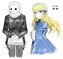 1boy 1girl animal_head asdf1211950 back_bow black_pants black_shirt black_souls black_souls_2 blonde_hair blue_bow blue_bowtie blue_dress bow bowtie collared_dress disgust doll_alice_(black_souls) dress frilled_sleeves frills hands_in_opposite_sleeves highres long_hair long_sleeves lorde_(black_souls) maid_headdress owl_boy pants parted_lips shaded_face shirt sidelocks wide_sleeves