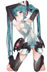 1girl armpits arms_up barefoot black_sleeves black_thighhighs blue_hair blush bodysuit breasts commentary detached_leggings detached_sleeves gluteal_fold hair_between_eyes hatsune_miku hatsune_miku_(append) highres kneeling long_hair looking_at_viewer natoruuuu parted_lips simple_background sleeveless sleeveless_bodysuit small_breasts solo sweat thighhighs transparent_background twintails vocaloid vocaloid_append white_bodysuit