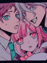 1girl 2boys :d :o bow close-up collared_shirt commentary_request danganronpa_(series) danganronpa_2:_goodbye_despair ear_bow green_eyes green_neckwear grey_hair hair_between_eyes head hinata_hajime holding komaeda_nagito looking_at_viewer medium_hair monomi_(danganronpa) multiple_boys nanami_chiaki necktie open_mouth parted_lips pink_bow pink_eyes pink_hair red_eyes shirt short_hair smile su_(ato_juju320) sweatdrop teeth upper_teeth_only