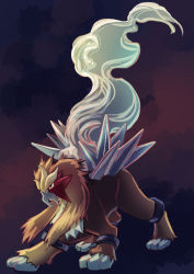 anklet brown_eyes brown_fur commentary_request entei full_body fusenryo gen_2_pokemon highres jewelry legendary_pokemon looking_down nintendo no_humans pokemon pokemon_(creature) pokemon_focus solo spikes standing