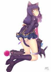 1girl animal_ears artistic_error ass ayaki bad_feet black_hair black_socks blush cat cat_ears cat_tail feet female_focus highres kneeling legs looking_back md5_mismatch original simple_background skirt socks solo tail white_background