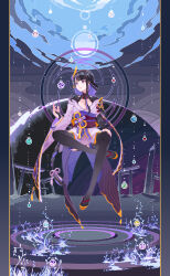 1girl 85265704 abstract_background absurdres armor black_thighhighs blunt_bangs braid breasts bridal_gauntlets chinese_commentary cleavage clothing_cutout collarbone crossed_legs floating genshin_impact gradient_hair hair_ornament highres japanese_clothes kimono large_breasts long_braid long_hair looking_to_the_side meditation mitsudomoe_(shape) mole mole_under_mouth multicolored_hair open_mouth purple_eyes purple_kimono purple_nails raiden_shogun raijin_(mythology) red_sash sash shade shoulder_armor shoulder_cutout single_braid solo thighhighs tomoe_(symbol)