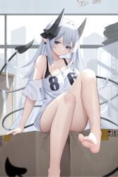 1girl barefoot bikini bikini_under_clothes black_bikini blue_eyes box breasts cardboard_box chinese_commentary closed_mouth commentary_request demon_horns demon_tail feet foot_focus grey_hair highres horns indoors large_breasts long_hair looking_at_viewer off_shoulder original pointy_ears shirt shixuexiao sitting soles solo sweatdrop swimsuit tail toes very_long_hair white_shirt