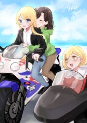 Rule 34 | 3girls, absurdres, black hair, black jacket, blonde hair, blue eyes, brown eyes, commission, day, glasses, happy, highres, honda, irene (ricky barnes), jacket, jewelry, maya (ricky barnes), mimi (ricky barnes), mother and daughter, motor vehicle, motorcycle, multiple girls, on motorcycle, original, ring, sidecar, skeb commission, wedding ring, wei yong, wife and wife, yuri