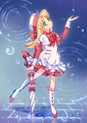 1girl arm_at_side arm_up ashita_no_nadja blonde_hair blue_eyes boots bow brooch commentary dress frilled_dress frills full_body hat heart heart_brooch high_heel_boots high_heels highres holding holding_umbrella jewelry long_hair long_sleeves looking_up nadja_applefield red_bow scene_reference short_dress solo standing standing_on_one_leg straight_hair suzuki_(2red_moon3) umbrella water water_drop white_boots white_dress white_hat