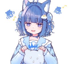 Rule 34 | 1girl, 22806, :d, ahoge, animal ears, blue bow, blue eyes, blue hair, blue shirt, blunt bangs, blush, bow, cat ears, cat hair ornament, choker, crescent, crescent hair ornament, fang, hair bun, hair ornament, highres, holding, indie virtual youtuber, kurageu roa, long sleeves, musical note, open mouth, purple eyes, sailor collar, shirt, short hair, simple background, sketch, sleeves past wrists, smile, solo, upper body, virtual youtuber, white background, x hair ornament