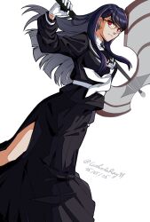 1girl axe black-framed_eyewear black_sailor_collar black_skirt cathoderay99 closed_mouth dated earrings floating_hair glasses gloves hashtag-only_commentary highres holding holding_axe holding_weapon jewelry long_hair long_sleeves looking_at_viewer neckerchief purple_hair sailor_collar school_uniform shizuhara_hiruko side_slit simple_background skirt solo the_hundred_line_-last_defense_academy- twitter_username weapon white_background white_gloves white_neckerchief
