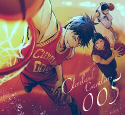 Rule 34 | 1boy, a jou, age progression, aomine daiki, arm up, ball, bare shoulders, basketball, basketball (object), basketball hoop, basketball jersey, basketball shorts, black shoes, blue eyes, cleveland cavaliers, commentary request, dark-skinned male, dark skin, english text, grin, holding, holding ball, kuroko no basuke, looking ahead, male focus, multicolored clothes, multiple persona, national basketball association, playing sports, running, shoes, shorts, slam dunk (basketball), smile, sneakers, solo, teeth, teiko junior high uniform, touou high basketball uniform, twitter username
