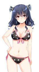 1girl aged_up bikini black_bikini black_hair blush breasts cleavage collarbone commentary_request cowboy_shot doria_(p_f_dolia) female_focus front-tie_bikini_top front-tie_top gluteal_fold hair_between_eyes hair_ribbon halterneck hand_on_own_hip highres long_hair looking_at_viewer medium_breasts navel neptune_(series) red_eyes ribbon side-tie_bikini_bottom sidelocks simple_background solo star_(symbol) star_print string_bikini swimsuit uni_(neptunia) white_background