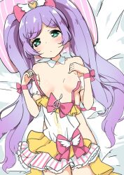1girl blush border bow breasts covering_privates detached_sleeves dress green_eyes hair_bow highres idol_clothes long_hair manaka_laala medium_breasts multicolored_dress navel nude_cover on_bed outline pink_bow pretty_series pripara pripara_(series) purple_hair sainyan_(strong7) solo twintails white_border white_outline