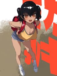 1girl absurdres backpack bag bare_arms bare_shoulders black_hair blush breasts camisole cleavage commentary_request crossed_bangs dark-skinned_female dark_skin fang full_body gaki_kyonyuu grey_shorts hair_between_eyes highres large_breasts leaning_forward open_mouth oppai_loli randoseru red_bag red_eyes sadamoto_hokuto sasaki_kanna shoes shorts socks solo standing twintails white_shoes white_socks yellow_camisole