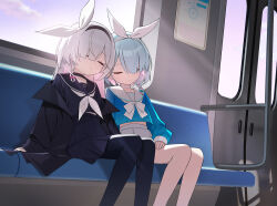 2girls arona_(blue_archive) black_choker black_hairband black_jacket black_sailor_collar black_shirt black_skirt blue_archive blue_hair blue_shirt blunt_bangs bow bowtie braid choker closed_eyes colored_inner_hair feet_out_of_frame fuwawa_(fuwawa617) grey_hair hair_over_one_eye hairband highres jacket long_sleeves multicolored_hair multiple_girls neckerchief open_clothes open_jacket parted_lips pink_hair plana_(blue_archive) sailor_collar school_uniform serafuku shirt short_hair single_braid sitting skirt sleeping train_interior white_bow white_bowtie white_neckerchief white_sailor_collar white_skirt