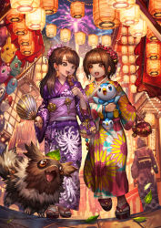 2girls :d absurdres bulbasaur commentary commission eating english_commentary fireworks floral_print food food_request gen_1_pokemon gen_3_pokemon gen_4_pokemon hand_fan highres holding holding_food japanese_clothes jigglypuff kimono kinchaku lantern leaf lickitung long_sleeves multiple_girls night night_sky nintendo open_mouth outdoors paper_fan paper_lantern pikachu piplup pokemon pokemon_(creature) pouch purple_kimono sa-dui sandals signature sky smile squirtle standing summer_festival tabi uchiwa voltorb walking white_legwear wide_sleeves yukata zigzagoon