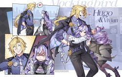 1boy 2girls ? ^_^ anger_vein blonde_hair breasts character_name closed_eyes commentary embarrassed english_commentary heart hug hugo_vlad light_blush long_hair long_sleeves looking_at_another looking_to_the_side mole mole_under_eye multiple_girls multiple_views o_o pointy_ears purple_hair red_eyes sideboob smile spoken_heart spoken_question_mark sunnbnn vivian_banshee zenless_zone_zero